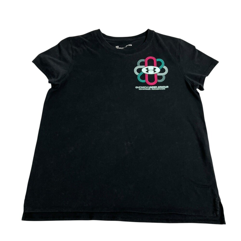 Under Armour Run Anywhere Shirt Women M Black Graphic Tee Loose Fit Vintage Wash